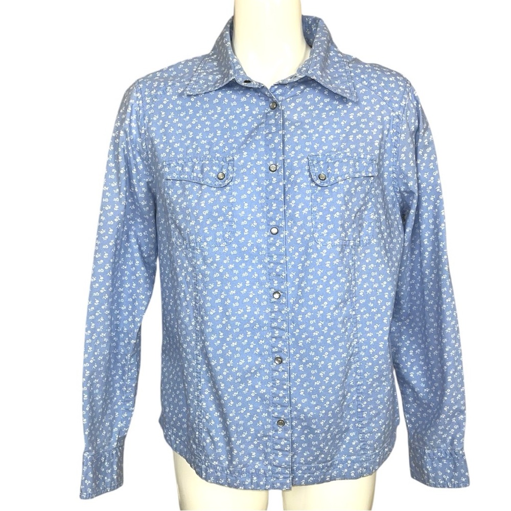C.E. Schmidt Blue Snap Button Down Roll Tab Sleeve Western Work Shirt Large